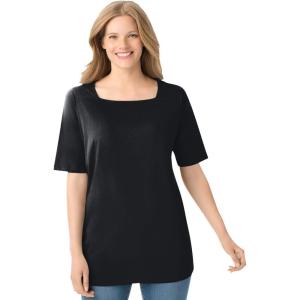 Woman Within Plus Size Perfect Elbow-Sleeve Square-Neck Tee(Black)