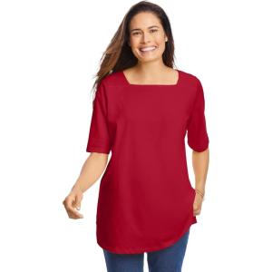 Woman Within Plus Size Perfect Elbow-Sleeve Square-Neck Tee(Classic Red)