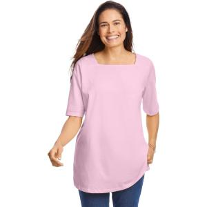 Woman Within Plus Size Perfect Elbow-Sleeve Square-Neck Tee(Pink)