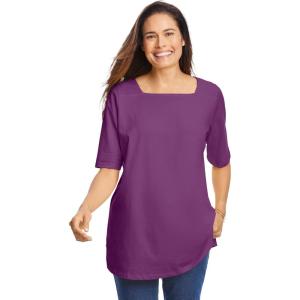 Woman Within Plus Size Perfect Elbow-Sleeve Square-Neck Tee(Plum Purple)