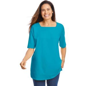 Woman Within Plus Size Perfect Elbow-Sleeve Square-Neck Tee(Pretty Turquoise)