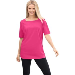 Woman Within Plus Size Perfect Elbow-Sleeve Square-Neck Tee(Raspberry Sorbet)