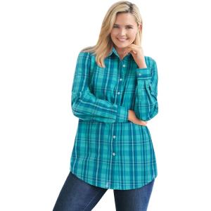 Woman Within Plus Size Perfect Long Sleeve Shirt(Aquamarine Plaid)