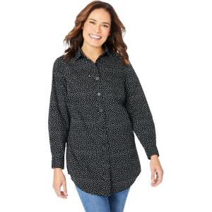 Woman Within Plus Size Perfect Long Sleeve Shirt(Black Allover Dot)