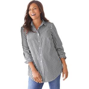Woman Within Plus Size Perfect Long Sleeve Shirt(Black Gingham)