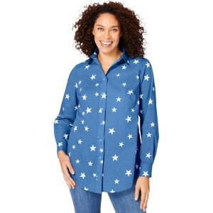 Woman Within Plus Size Perfect Long Sleeve Shirt(Blue Chambray Stars)