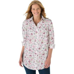 Woman Within Plus Size Perfect Long Sleeve Shirt(Bright Rose Gridded Floral)