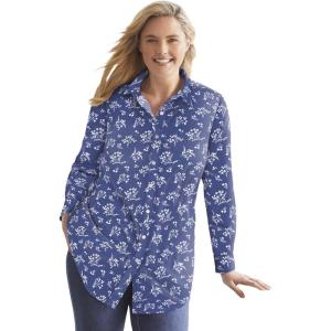 Woman Within Plus Size Perfect Long Sleeve Shirt(Royal Navy Linear Floral)