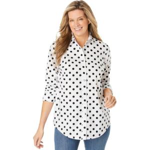 Woman Within Plus Size Perfect Long Sleeve Shirt(White Black Dot)