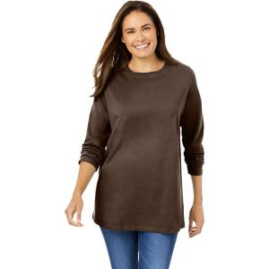Woman Within Plus Size Perfect Long-Sleeve Crewneck Tee (Petite Available)(Chocolate)