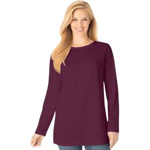Woman Within Plus Size Perfect Long-Sleeve Crewneck Tee (Petite Available)(Deep Claret)