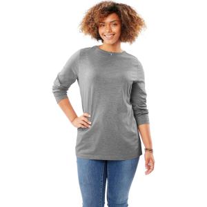 Woman Within Plus Size Perfect Long-Sleeve Crewneck Tee (Petite Available)(Medium Heather Grey)