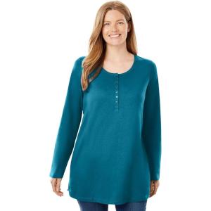 Woman Within Plus Size Perfect Long-Sleeve Henley Tee(Deep Teal)