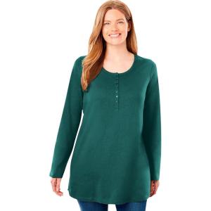 Woman Within Plus Size Perfect Long-Sleeve Henley Tee(Emerald Green)