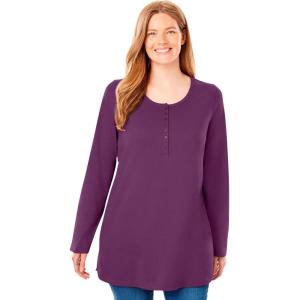 Woman Within Plus Size Perfect Long-Sleeve Henley Tee(Plum Purple)