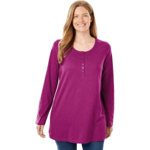 Woman Within Plus Size Perfect Long-Sleeve Henley Tee(Raspberry)