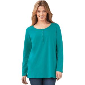 Woman Within Plus Size Perfect Long-Sleeve Henley Tee(Waterfall)