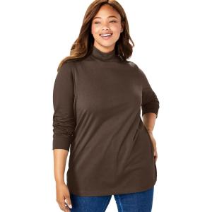 Woman Within Plus Size Perfect Long-Sleeve Mockneck Tee (Petite Available)(Chocolate)