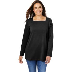 Woman Within Plus Size Perfect Long-Sleeve Square-Neck Tee(Black)