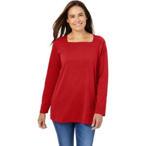 Woman Within Plus Size Perfect Long-Sleeve Square-Neck Tee(Classic Red)