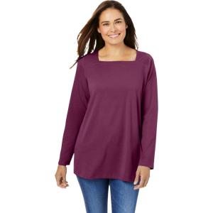 Woman Within Plus Size Perfect Long-Sleeve Square-Neck Tee(Deep Claret)