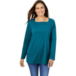 Woman Within Plus Size Perfect Long-Sleeve Square-Neck Tee(Deep Teal)