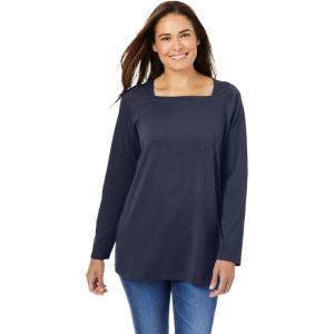 Woman Within Plus Size Perfect Long-Sleeve Square-Neck Tee(Navy)