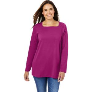 Woman Within Plus Size Perfect Long-Sleeve Square-Neck Tee(Raspberry)