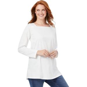 Woman Within Plus Size Perfect Long-Sleeve Square-Neck Tee(White)