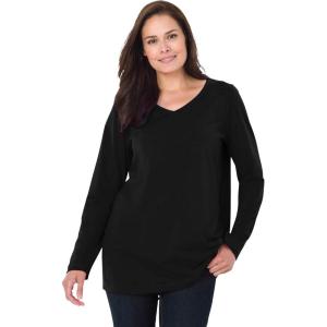 Woman Within Plus Size Perfect Long-Sleeve V-Neck Tee(Black)