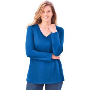 Woman Within Plus Size Perfect Long-Sleeve V-Neck Tee(Bright Cobalt)