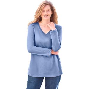 Woman Within Plus Size Perfect Long-Sleeve V-Neck Tee(French Blue)