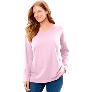 Woman Within Plus Size Perfect Long-Sleeve V-Neck Tee(Pink)