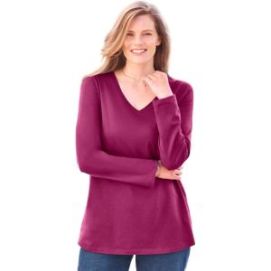 Woman Within Plus Size Perfect Long-Sleeve V-Neck Tee(Raspberry)