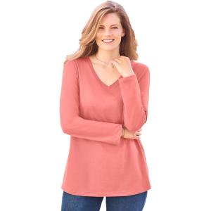 Woman Within Plus Size Perfect Long-Sleeve V-Neck Tee(Sweet Coral)