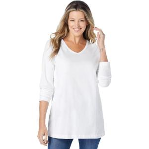 Woman Within Plus Size Perfect Long-Sleeve V-Neck Tee(White)