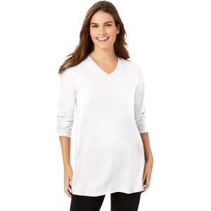 Woman Within Plus Size Perfect Long-Sleeve V-Neck Tunic(White)