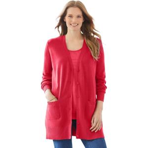 Woman Within Plus Size Perfect Longer-Length Cotton Cardigan(Classic Red)