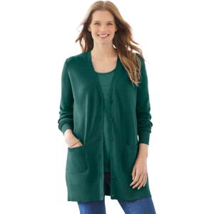 Woman Within Plus Size Perfect Longer-Length Cotton Cardigan(Emerald Green)