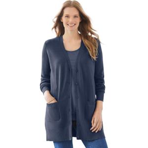Woman Within Plus Size Perfect Longer-Length Cotton Cardigan(Navy)