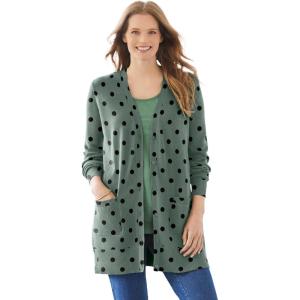 Woman Within Plus Size Perfect Longer-Length Cotton Cardigan(Pine Dot)
