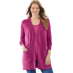 Woman Within Plus Size Perfect Longer-Length Cotton Cardigan(Raspberry)