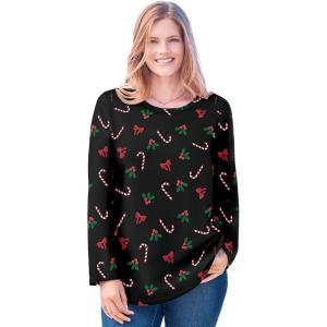 Woman Within Plus Size Perfect Printed Long-Sleeve Crewneck Tee(Black Mistletoe)