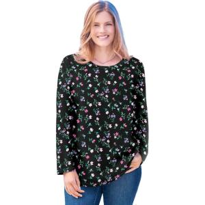 Woman Within Plus Size Perfect Printed Long-Sleeve Crewneck Tee(Black Multi Tulip Flowers)