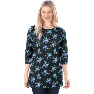 Woman Within Plus Size Perfect Printed Long-Sleeve Crewneck Tee(Blue Rose Ditsy Bouquet)