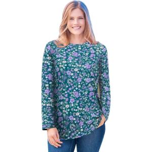 Woman Within Plus Size Perfect Printed Long-Sleeve Crewneck Tee(Emerald Green Field Floral)