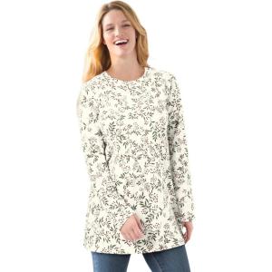Woman Within Plus Size Perfect Printed Long-Sleeve Crewneck Tee(Ivory Leaf Print)