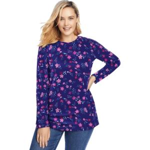 Woman Within Plus Size Perfect Printed Long-Sleeve Crewneck Tee(Navy Pretty Floral)