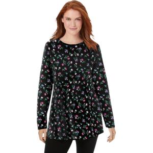 Woman Within Plus Size Perfect Printed Long-Sleeve Crewneck Tunic(Black Multi Tulip Flowers)