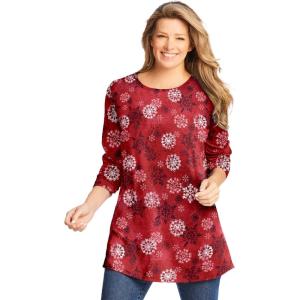 Woman Within Plus Size Perfect Printed Long-Sleeve Crewneck Tunic(Classic Red Textured Snowflake)
